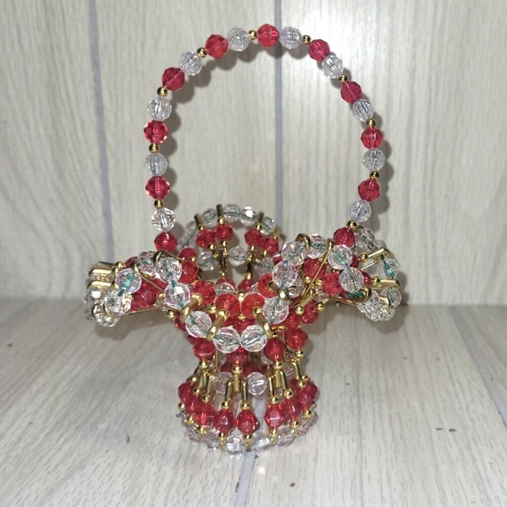 Vtg Handmade Safty Pin Red & Gold Beaded Basket Boho Cottagecore